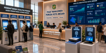 Dashboard interaktif Legalitas Pemuda Medan yang menampilkan sistem pemantauan data kreativitas real-time untuk mendukung efisiensi kepemudaan kota Medan