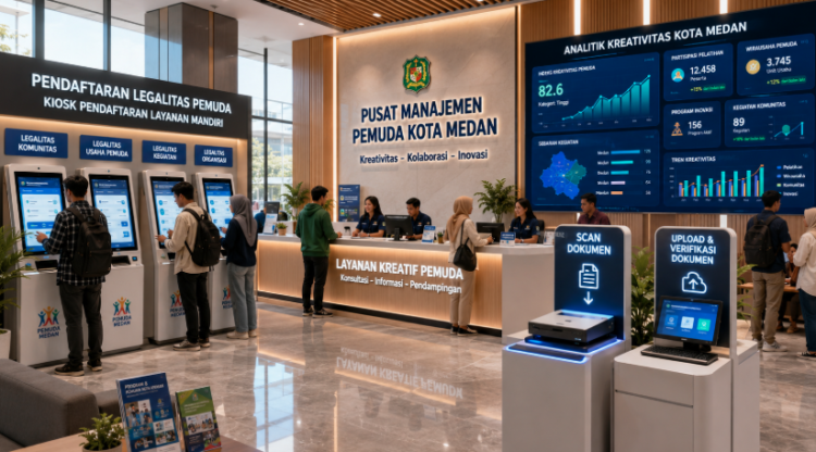Dashboard interaktif Legalitas Pemuda Medan yang menampilkan sistem pemantauan data kreativitas real-time untuk mendukung efisiensi kepemudaan kota Medan