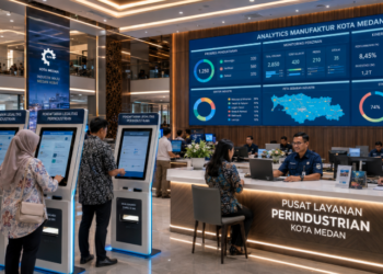Dashboard interaktif Legalitas Perindustrian Medan yang menampilkan sistem pemantauan data manufaktur real-time untuk mendukung efisiensi perindustrian kota Medan