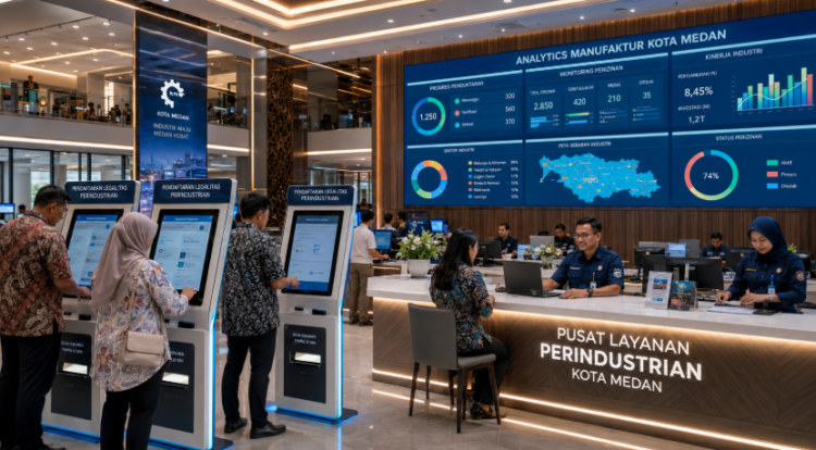 Dashboard interaktif Legalitas Perindustrian Medan yang menampilkan sistem pemantauan data manufaktur real-time untuk mendukung efisiensi perindustrian kota Medan