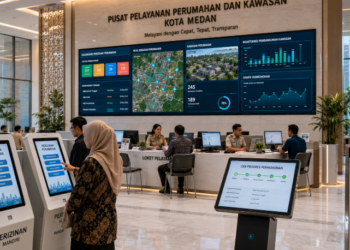 Dashboard interaktif Legalitas Perizinan Hunian Medan yang menampilkan sistem pemantauan data kawasan real-time untuk mendukung efisiensi perumahan kota Medan
