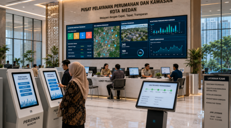 Dashboard interaktif Legalitas Perizinan Hunian Medan yang menampilkan sistem pemantauan data kawasan real-time untuk mendukung efisiensi perumahan kota Medan
