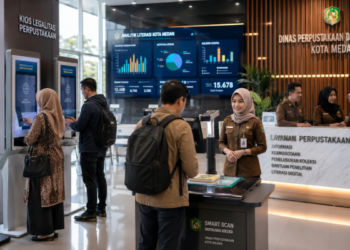 Dashboard interaktif Legalitas Perpustakaan Medan yang menampilkan sistem pemantauan data literasi real-time untuk mendukung efisiensi perpustakaan kota Medan