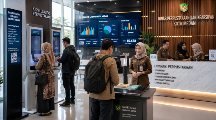 Dashboard interaktif Legalitas Perpustakaan Medan yang menampilkan sistem pemantauan data literasi real-time untuk mendukung efisiensi perpustakaan kota Medan