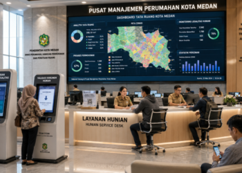 Dashboard interaktif Legalitas Perumahan Medan yang menampilkan sistem pemantauan data hunian real-time untuk mendukung efisiensi perumahan kota Medan