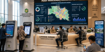 Dashboard interaktif Legalitas Perumahan Medan yang menampilkan sistem pemantauan data hunian real-time untuk mendukung efisiensi perumahan kota Medan