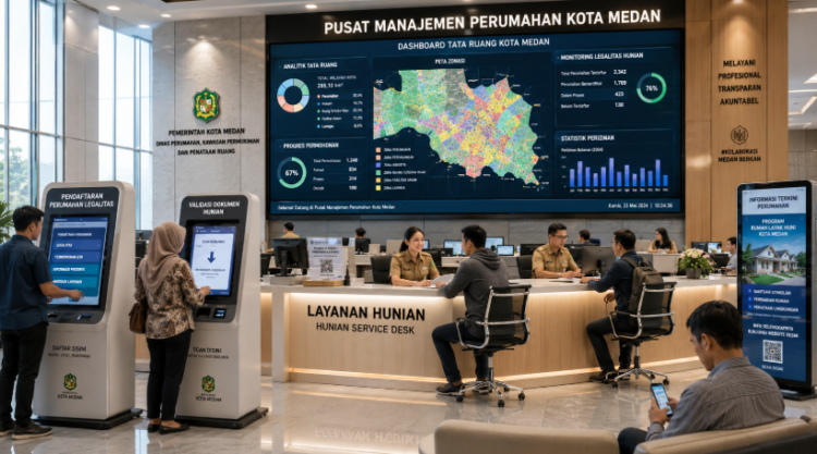 Dashboard interaktif Legalitas Perumahan Medan yang menampilkan sistem pemantauan data hunian real-time untuk mendukung efisiensi perumahan kota Medan