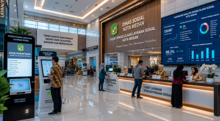 Dashboard interaktif Legalitas Sosial Medan yang menampilkan sistem pemantauan data kesejahteraan real-time untuk mendukung efisiensi sosial kota Medan