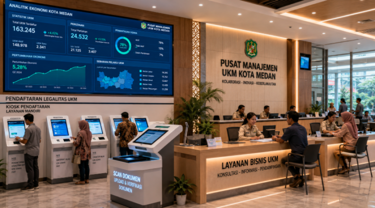Dashboard interaktif Legalitas UKM Medan yang menampilkan sistem pemantauan data ekonomi real-time untuk mendukung efisiensi UKM kota Medan