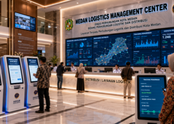 Dashboard interaktif Logistik Perhubungan Medan yang menampilkan sistem pemantauan data distribusi real-time untuk mendukung efisiensi perhubungan kota Medan