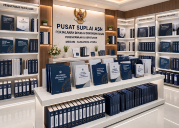 Jajaran tempat buku panduan logistik perjalanan ASN Pemkot Medan Aman bahan premium untuk usaha pembuatan rencana clearance traveling pegawai dan alat pusat instrumen clearance traveling Medan heavy duty minimalis berbagai folder lembar jaminan yang tersusun sangat rapi di dalam etalase toko perlengkapan kantor