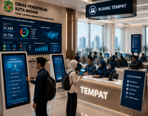 Dashboard interaktif Lokasi Ujian Mandiri yang menampilkan alur penentuan tempat tes real-time untuk mendukung efisiensi pendaftaran kota Medan.