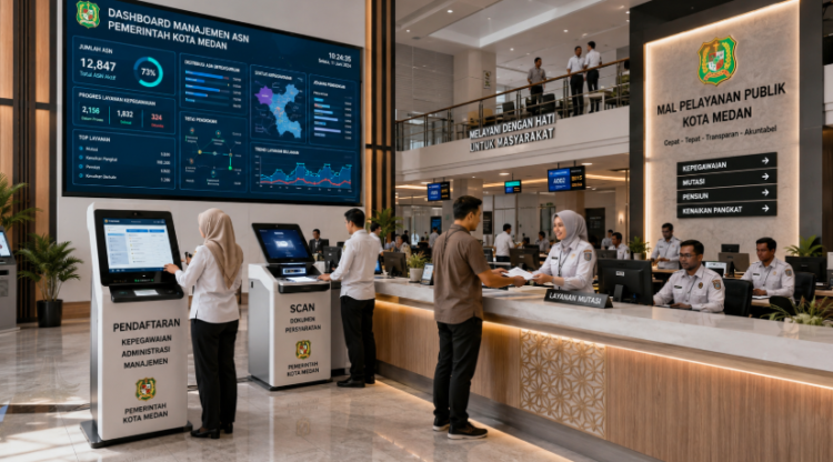 Dashboard interaktif Manajemen Administrasi Kepegawaian Medan yang menampilkan sistem pemantauan data mutasi real-time untuk mendukung efisiensi kepegawaian kota Medan