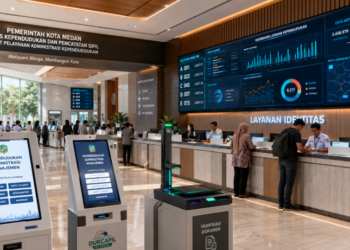 Dashboard interaktif Manajemen Administrasi Kependudukan Medan yang menampilkan sistem pemantauan data warga real-time untuk mendukung efisiensi kependudukan kota Medan
