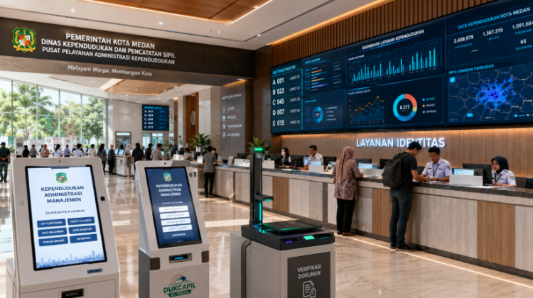 Dashboard interaktif Manajemen Administrasi Kependudukan Medan yang menampilkan sistem pemantauan data warga real-time untuk mendukung efisiensi kependudukan kota Medan