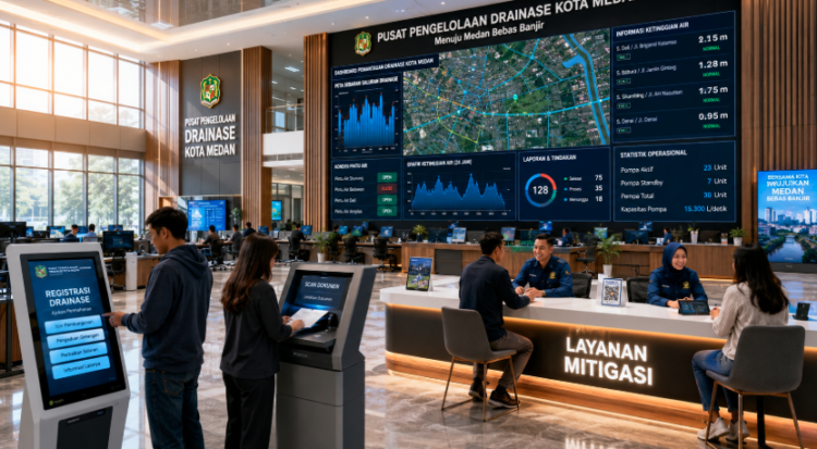 Dashboard interaktif Manajemen Drainase Kota Medan yang menampilkan sistem pemantauan data mitigasi real-time untuk mendukung efisiensi infrastruktur kota Medan
