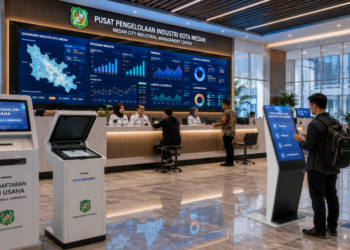 Dashboard interaktif Manajemen Industri Manufaktur Medan yang menampilkan sistem pemantauan data usaha real-time untuk mendukung efisiensi industri kota Medan