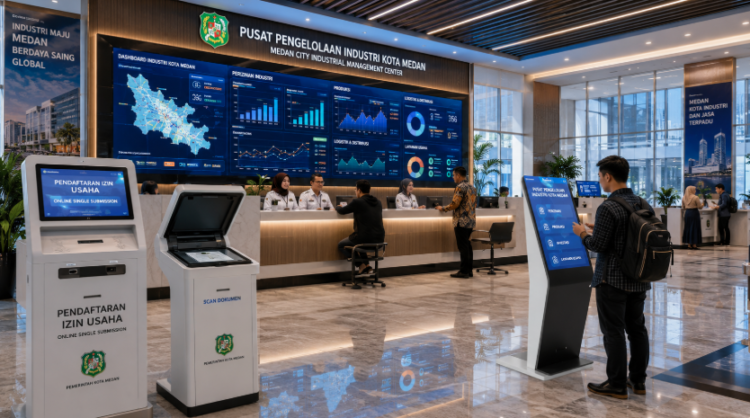 Dashboard interaktif Manajemen Industri Manufaktur Medan yang menampilkan sistem pemantauan data usaha real-time untuk mendukung efisiensi industri kota Medan