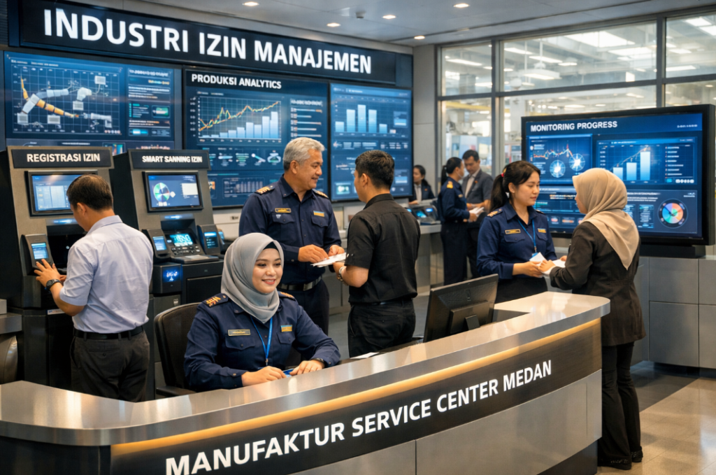 Dashboard interaktif Manajemen Izin Industri Medan yang menampilkan sistem pemantauan data manufaktur real-time untuk mendukung efisiensi industri kota Medan