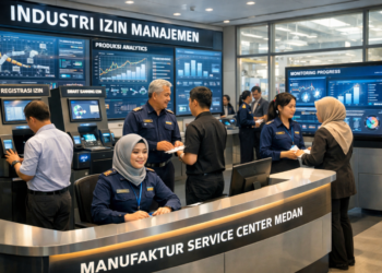 Dashboard interaktif Manajemen Izin Industri Medan yang menampilkan sistem pemantauan data manufaktur real-time untuk mendukung efisiensi industri kota Medan