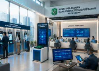 Dashboard interaktif Manajemen Izin Kerja Medan yang menampilkan sistem pemantauan data kompetensi real-time untuk mendukung efisiensi kerja kota Medan