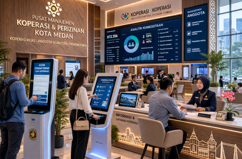 Dashboard interaktif Manajemen Izin Koperasi Medan yang menampilkan sistem pemantauan data keanggotaan real-time untuk mendukung efisiensi koperasi kota Medan
