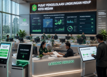 Dashboard interaktif Manajemen Perizinan Lingkungan Hidup Medan yang menampilkan sistem pemantauan data limbah real-time untuk mendukung efisiensi lingkungan kota Medan