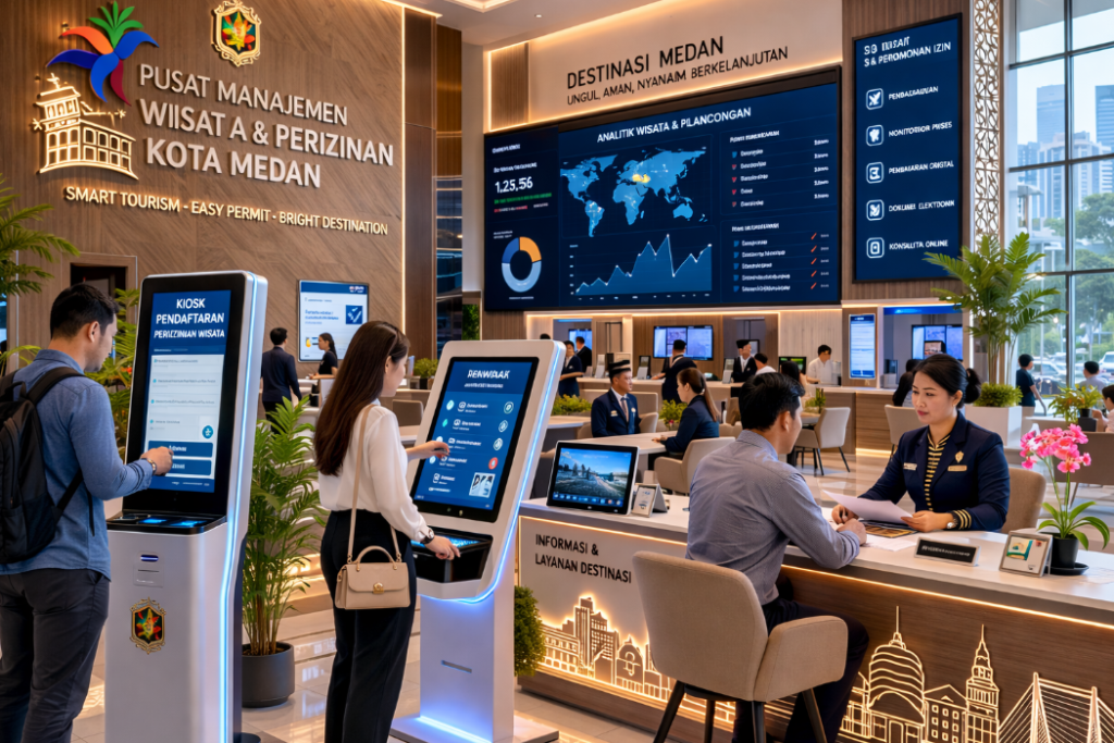 Dashboard interaktif Manajemen Izin Wisata Medan yang menampilkan sistem pemantauan data destinasi real-time untuk mendukung efisiensi wisata kota Medan