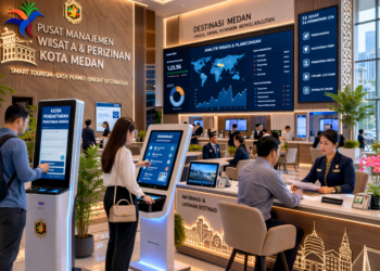 Dashboard interaktif Manajemen Izin Wisata Medan yang menampilkan sistem pemantauan data destinasi real-time untuk mendukung efisiensi wisata kota Medan