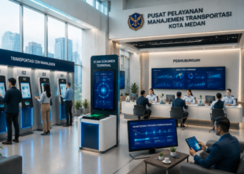 Dashboard interaktif Manajemen Izin Transportasi Medan yang menampilkan sistem pemantauan data armada real-time untuk mendukung efisiensi transportasi kota Medan
