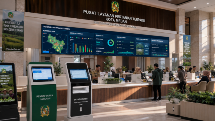 Dashboard interaktif Manajemen Lahan Pertanian Medan yang menampilkan sistem pemantauan data pangan real-time untuk mendukung efisiensi pertanian kota Medan
