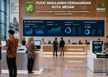 Dashboard interaktif Manajemen Perdagangan Medan yang menampilkan sistem pemantauan data usaha real-time untuk mendukung efisiensi perdagangan kota Medan