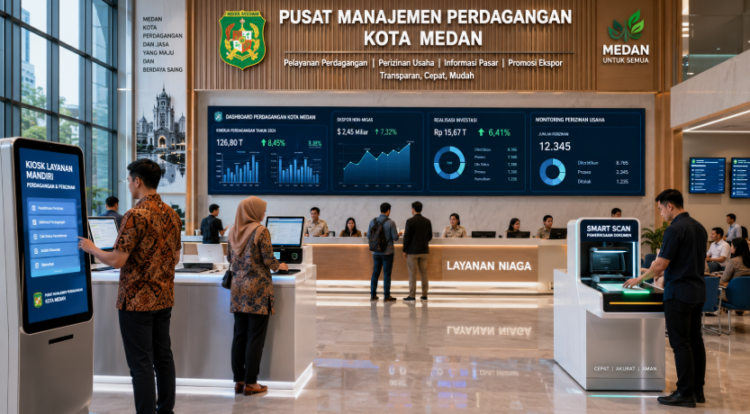 Dashboard interaktif Manajemen Perdagangan Medan yang menampilkan sistem pemantauan data usaha real-time untuk mendukung efisiensi perdagangan kota Medan