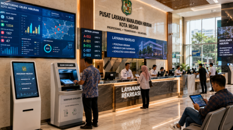 Dashboard interaktif Manajemen Perizinan Hiburan Medan yang menampilkan sistem pemantauan data rekreasi real-time untuk mendukung efisiensi hiburan kota Medan