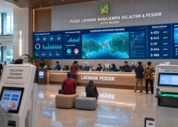 Dashboard interaktif Manajemen Perizinan Kelautan Medan yang menampilkan sistem pemantauan data perairan real-time untuk mendukung efisiensi kelautan kota Medan