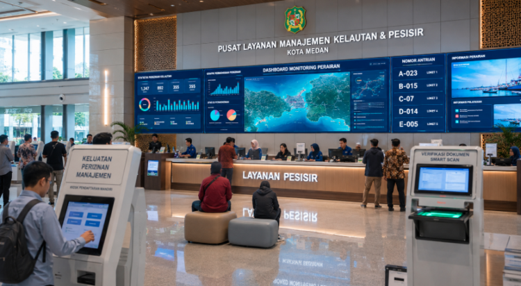 Dashboard interaktif Manajemen Perizinan Kelautan Medan yang menampilkan sistem pemantauan data perairan real-time untuk mendukung efisiensi kelautan kota Medan