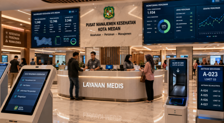 Dashboard interaktif Manajemen Perizinan Kesehatan Medan yang menampilkan sistem pemantauan data medis real-time untuk mendukung efisiensi kesehatan kota Medan