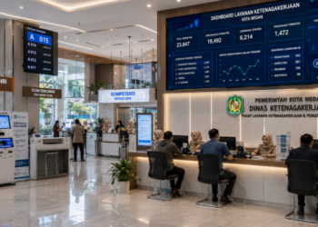 Dashboard interaktif Manajemen Perizinan Ketenagakerjaan Medan yang menampilkan sistem pemantauan data kompetensi real-time untuk mendukung efisiensi ketenagakerjaan kota Medan