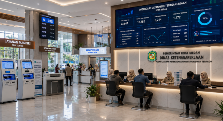 Dashboard interaktif Manajemen Perizinan Ketenagakerjaan Medan yang menampilkan sistem pemantauan data kompetensi real-time untuk mendukung efisiensi ketenagakerjaan kota Medan
