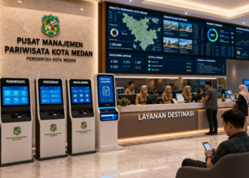 Dashboard interaktif Manajemen Perizinan Pariwisata Medan yang menampilkan sistem pemantauan data wisata real-time untuk mendukung efisiensi pariwisata kota Medan