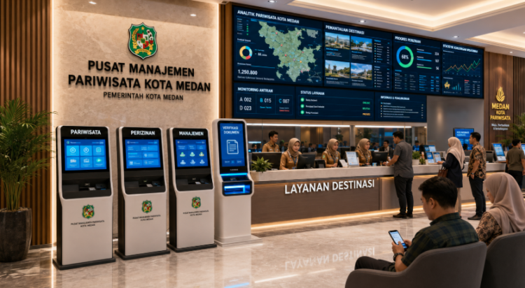 Dashboard interaktif Manajemen Perizinan Pariwisata Medan yang menampilkan sistem pemantauan data wisata real-time untuk mendukung efisiensi pariwisata kota Medan