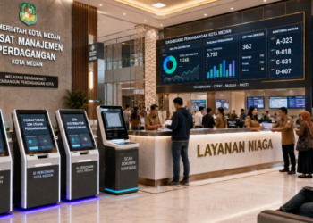 Dashboard interaktif Manajemen Perizinan Perdagangan Medan yang menampilkan sistem pemantauan data niaga real-time untuk mendukung efisiensi perdagangan kota Medan