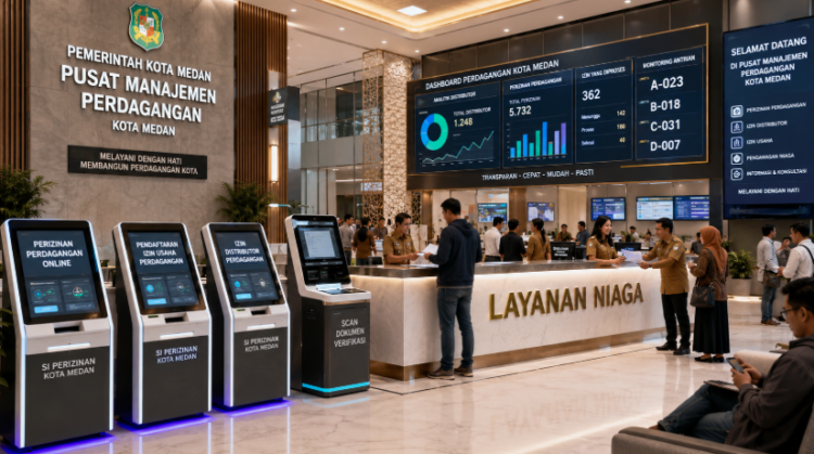 Dashboard interaktif Manajemen Perizinan Perdagangan Medan yang menampilkan sistem pemantauan data niaga real-time untuk mendukung efisiensi perdagangan kota Medan