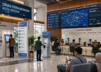 Dashboard interaktif Manajemen Perizinan Perhubungan Medan yang menampilkan sistem pemantauan data transportasi real-time untuk mendukung efisiensi perhubungan kota Medan