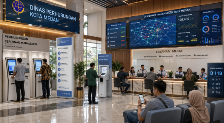 Dashboard interaktif Manajemen Perizinan Perhubungan Medan yang menampilkan sistem pemantauan data transportasi real-time untuk mendukung efisiensi perhubungan kota Medan