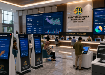 Dashboard interaktif Manajemen Perizinan Pertanahan Medan yang menampilkan sistem pemantauan data lahan real-time untuk mendukung efisiensi pertanahan kota Medan