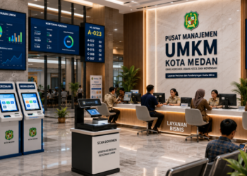 Dashboard interaktif Manajemen Perizinan UMKM Medan yang menampilkan sistem pemantauan data usaha real-time untuk mendukung efisiensi UMKM kota Medan