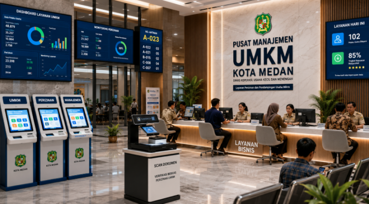 Dashboard interaktif Manajemen Perizinan UMKM Medan yang menampilkan sistem pemantauan data usaha real-time untuk mendukung efisiensi UMKM kota Medan
