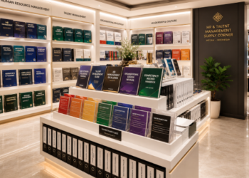Jajaran tempat buku panduan manajemen talenta ASN bahan premium untuk usaha pemetaan kuadran kinerja pegawai dan alat pusat instrumen suksesi Medan heavy duty minimalis berbagai perlengkapan sistem merit yang tersusun sangat rapi di dalam etalase toko perlengkapan kantor