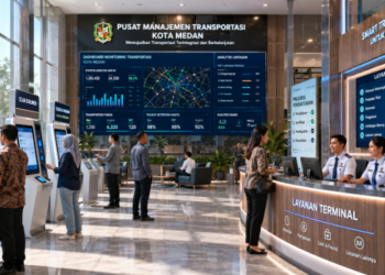 Dashboard interaktif Manajemen Transportasi Medan yang menampilkan sistem pemantauan data mobilitas real-time untuk mendukung efisiensi transportasi kota Medan
